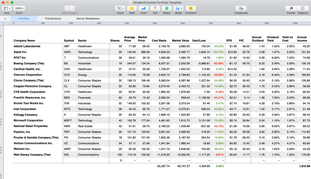 Dividend Income Portfolio Template for Apple Numbers